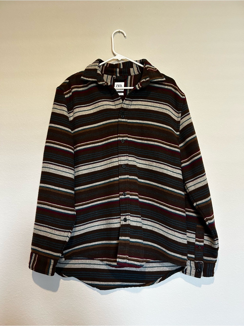 Zara Striped Hooded Shirt Jacket in Brown, Gray and Blue
